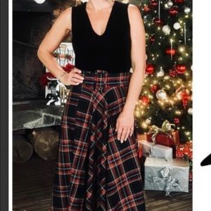 Zara Midi Black Red and Gold Plaid Skirt